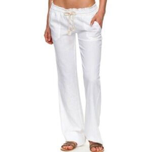 ROXY White Linen Blend Drawstring Pants